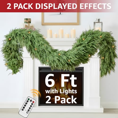 Pre-lit Cedar Christmas Garland 6ft 2-Pack for Mantle, Indoor/Outdoor