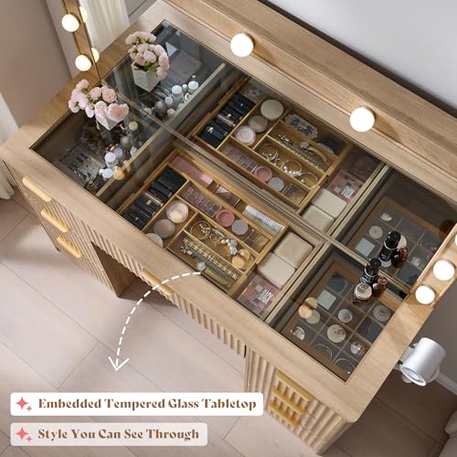 47-Inch Fluted Makeup Vanity Desk with Lighted Mirror and 7 Drawers