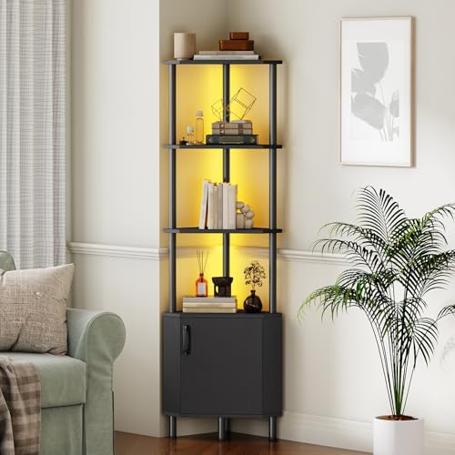 5-Tier Industrial Corner Bookshelf with LED Lighting and Storage Cabinet