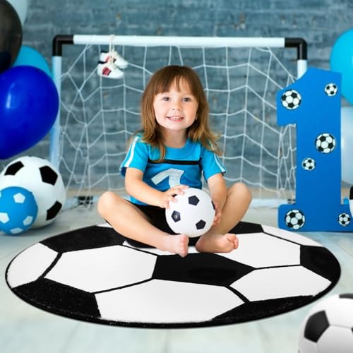 31-Inch Round Soccer Area Rug, Non-Slip Sports Bedroom Mat for Kids