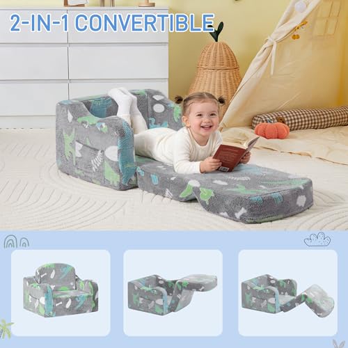 2-in-1 Convertible Kids Sofa Chair - Foldable Foam Plush Couch, Gray Dinosaur