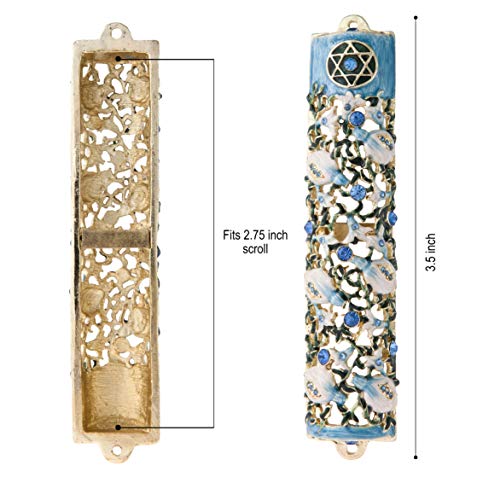 Hand Painted Pewter Mezuzah Case with Scroll - Floral Ivy Design