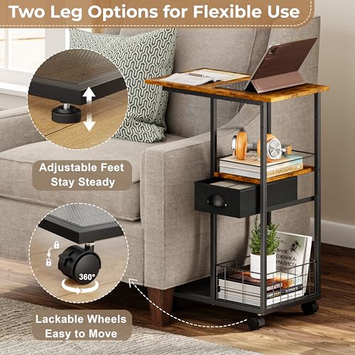 C-Shaped Rolling Side Table with Storage Drawer and Wheels for Living Room