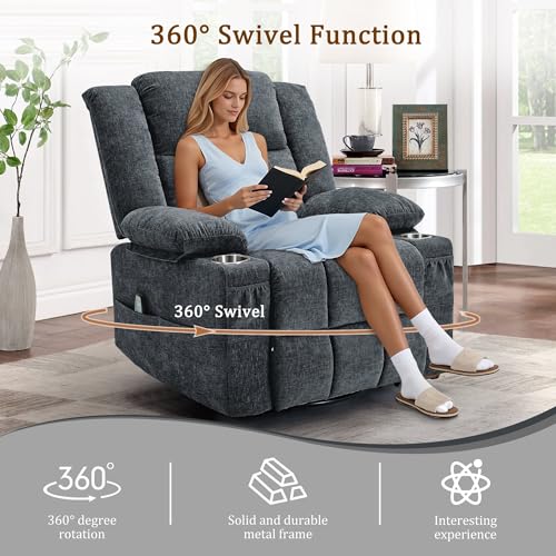 360° Swivel Rocking Recliner with Massage and Heating, Dark Gray Fabric