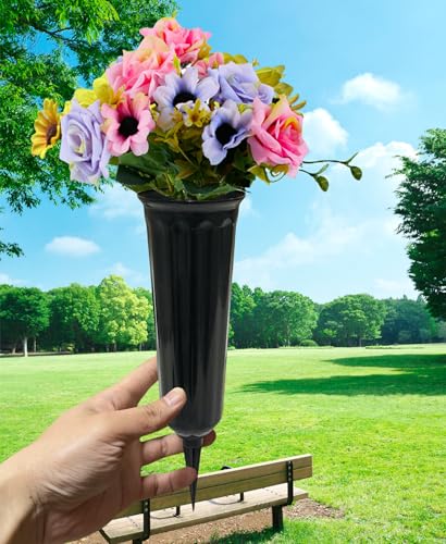 Cemetery Memorial Vases with Ground Stakes - 6 Pack Black Grave Flower Holders