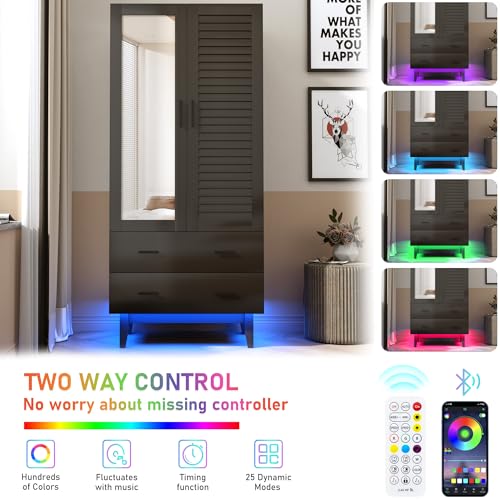2-Door Wardrobe Armoire with LED Lights, Mirror, Drawers and Shelves