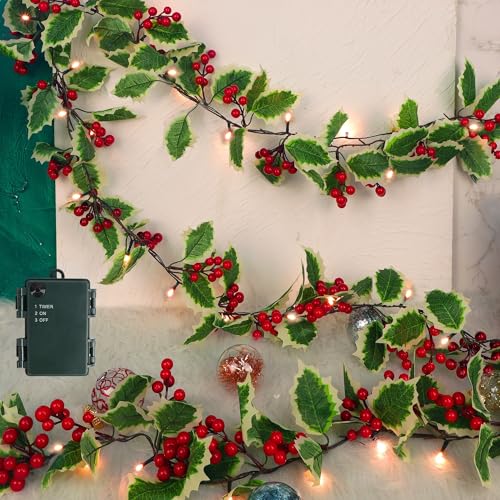 Juegoal 9FT Pre-lit Christmas Garland with Red Berries & Holly, Battery Operated with Timer