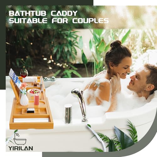 Yirilan Bamboo Bath Tray - Foldable Adjustable Wooden Bath Caddy with Book Rest & Spa Accessories