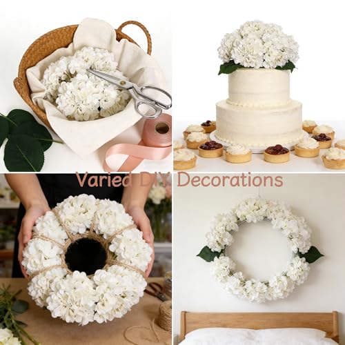 White Silk Artificial Hydrangea Flowers with Stems - Set of 6, 17.7"