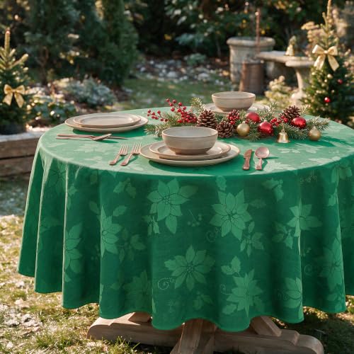 Horaldaily Green Jacquard Round Tablecloth 60x60 Inches for Christmas & Holiday Dining