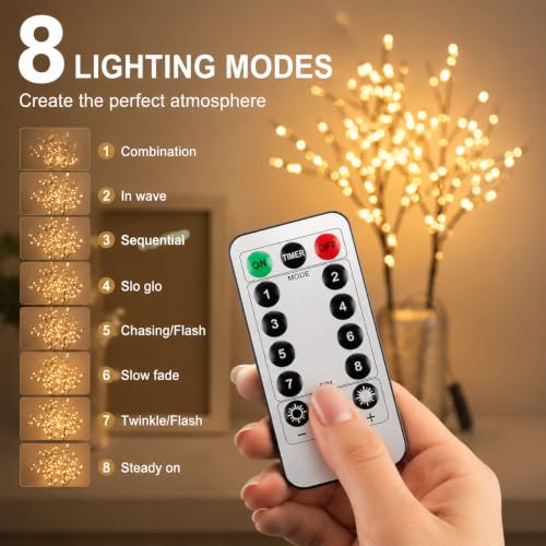 HelixBeam Warm White 200LED Branch Lights 34Inch | Detachable Twig Decor, USB & Battery Powered, 8 Modes, Large Vase Christmas Decor