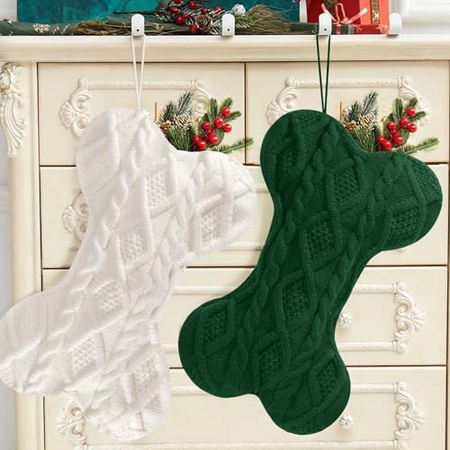 Doitory White-Green 2-Pack Large Knit Dog Christmas Stockings Bone Shape Holiday Decor