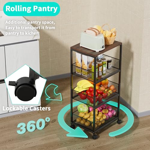 HapiRm Black 4-Tier Rolling Fruit & Vegetable Storage Cart with Wooden Top