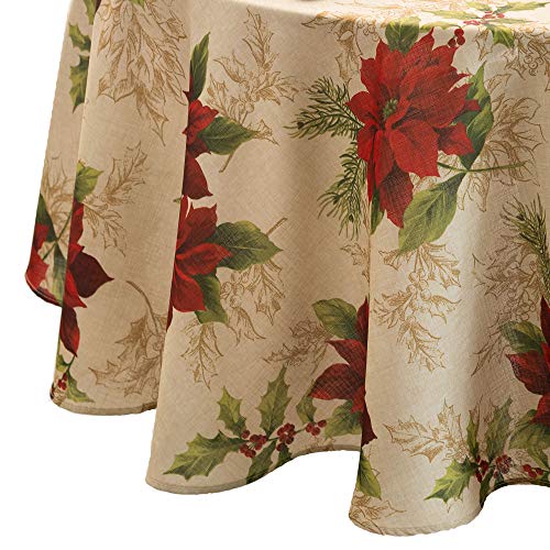 Festive Poinsettia Tablecloth - 70" Round, Multicolor Holiday Fabric by Threadmade