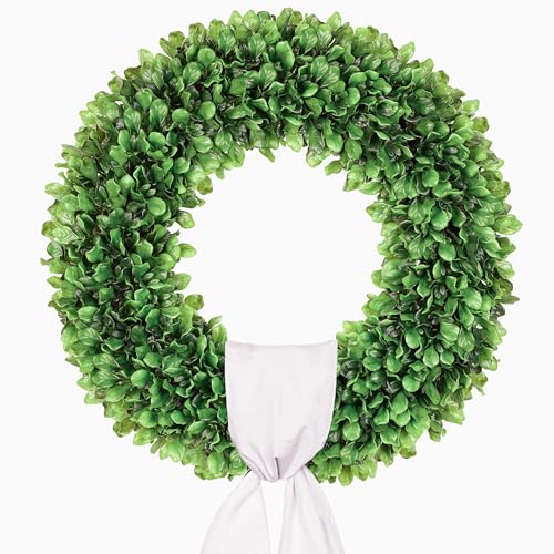 20-Inch Artificial Boxwood Wreath for Front Door with White Sash