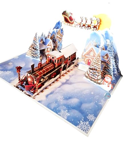 Christmas Train Pop Up Card - 3D Vintage Steam Locomotive Holiday Card, 6 x 8 Inches