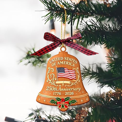 ERYRYIREI Brown Wooden American Flag Bell Ornament 3.9 Inch - 250th Anniversary USA Decor