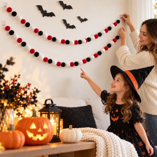 jijAcraft Black Red White Felt Ball Garland 2-Pack, 8.2ft Each - Halloween & Holiday Pom Pom Garlands