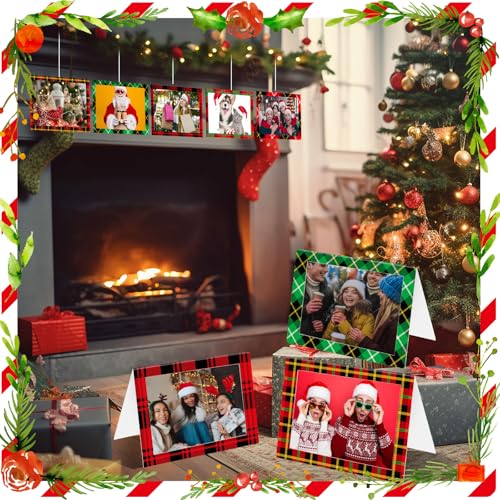 Motiskyy Christmas Plaid Photo Frame Greeting Cards Set with Envelopes, 100 pcs