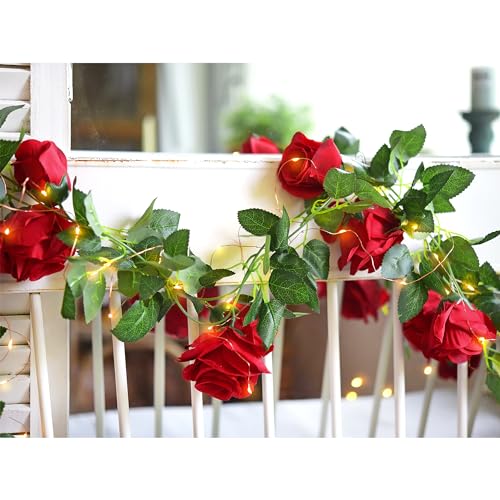 Christmas Red Fairy String Lights & Red Rose Silk Garland Set - 29 Ft 4 Pack