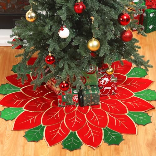 Jenaai 35-Inch Christmas Tree Skirt with Poinsettia Embroidery - Red & Green