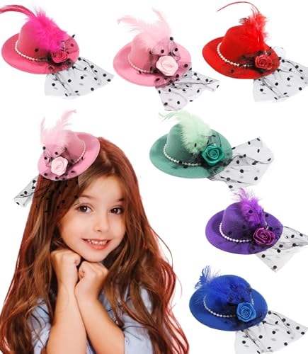 Mini Tea Party Fascinator Hats - 4-Inch Clip-On Top Hat Hair Clips, 6 Pack