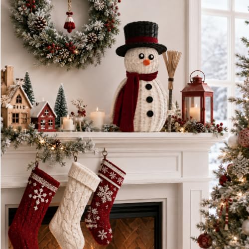Leinuosen 12 Inch Rattan Snowman Woven Neutral Christmas Table Decor