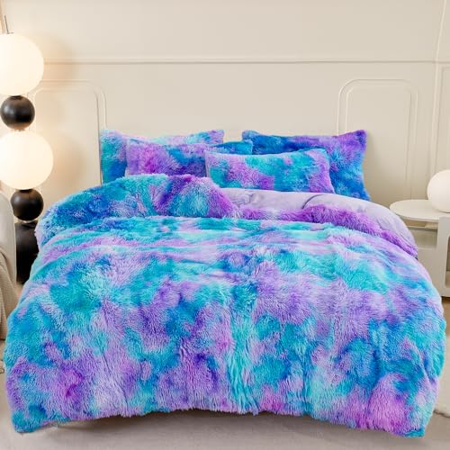 Twin Size Tie Dye Faux Fur Duvet Cover Set - 3-Piece Shaggy Bedding