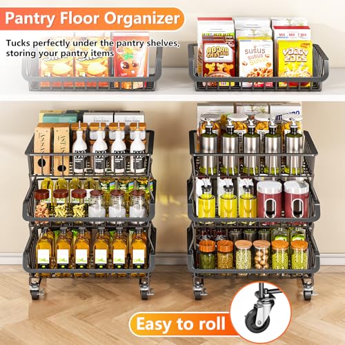 3-Tier Rolling Pantry Organizer Cart with Stackable Wire Fruit Baskets
