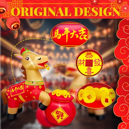 6FT Inflatable Chinese Horse for Lunar New Year Decorations with LED Lights