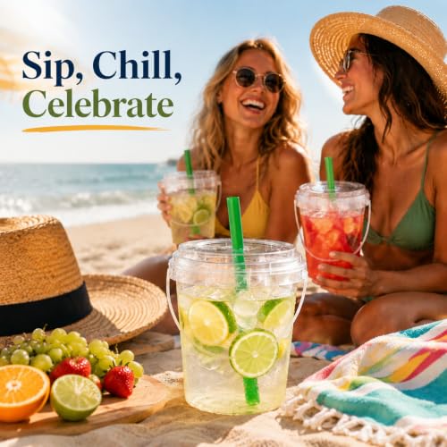 34oz Clear Plastic Drink Buckets with Lids, Handles & Straws — 30 Pack