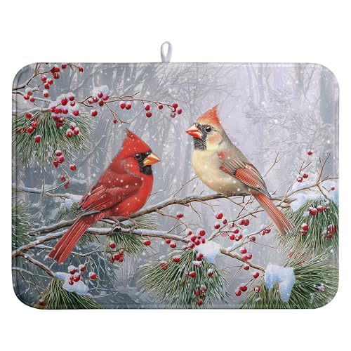 Winter Cardinal Dish Drying Mat Christmas Snowflake Kitchen Counter Large Absorbent Microfiber Reusable 18x24 in – Variation of THIS listing
