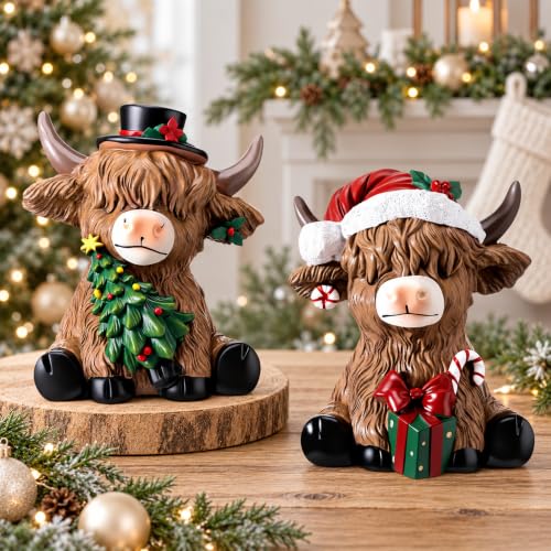Karenhi 2-Pack Christmas Highland Cow Figurines Decor for Home & Office