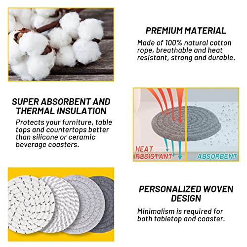 8-Piece Woven Cotton Drink Coaster Set with Holder, 4.3-Inch Absorbent