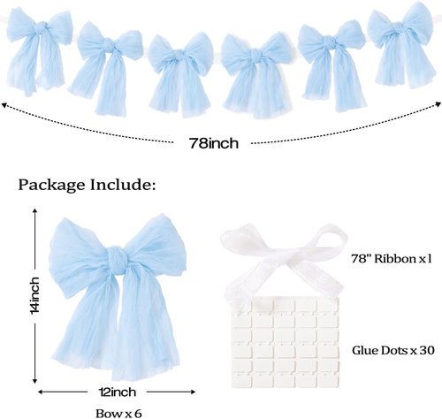 MLMC Baby Blue Bow Garland - Handmade Cheesecloth Wreath for Baby Shower & Birthday Decor