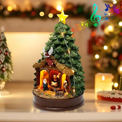 Nativity Scene Figurines with LED Lights & Music - Christmas Tree & Rotating Display - Variation: Christmas Tree Nativity House