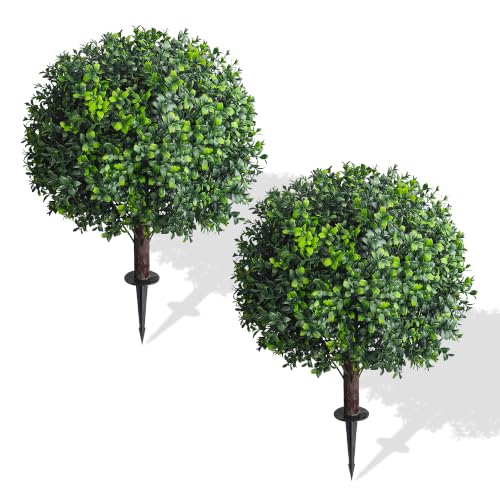 25-Inch Artificial Boxwood Topiary Ball Tree with Ground Spikes, Set of 2