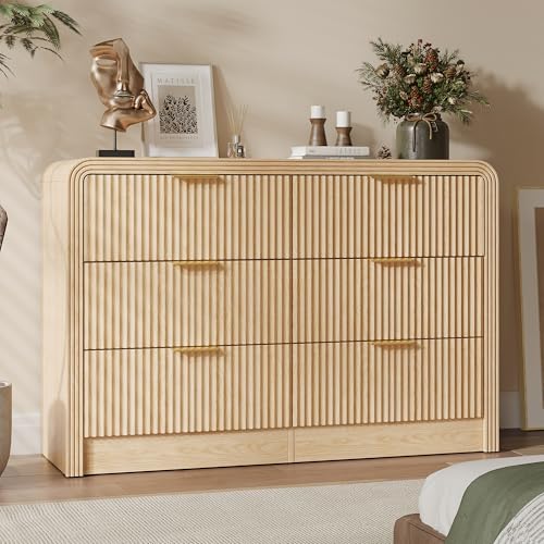 47-Inch Fluted 6-Drawer Dresser, Natural Oak Wood Storage Chest