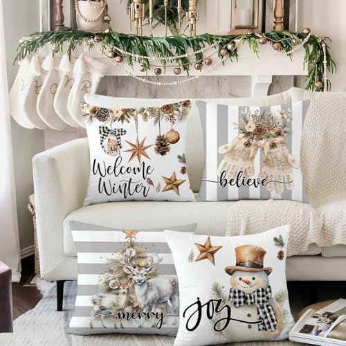 Artmag 16x16 Inch Christmas Pillow Covers Set of 4 Snowman Gloves Welcome Winter Grey White Stripes Farmhouse Home Decor