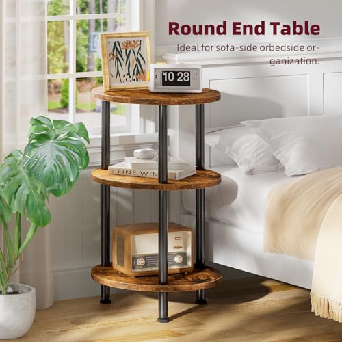 3-Tier Round Side Table, Compact Rustic Accent Table for Small Spaces