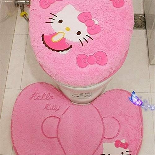 4-Piece Pink Cartoon Cat Bathroom Set: Non-Slip Bath Mat & Toilet Cover