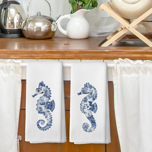 Summer22 Coastal Seahorse Kitchen Dish Towels Set of 2 - Blue & White Chinoiserie Decor