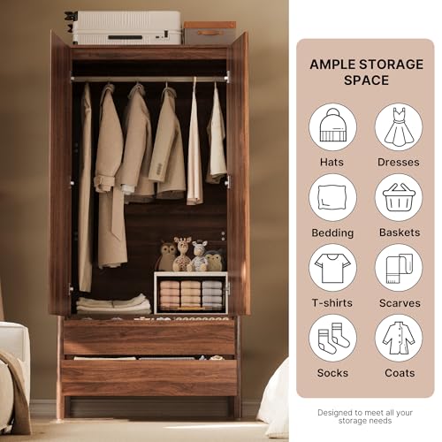 Modern Walnut Wardrobe with 2 Doors and 2 Drawers, 71-Inch Bedroom Armoire