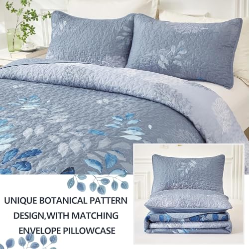 Blue Floral Quilt Set Twin - Soft Microfiber Summer Bedding