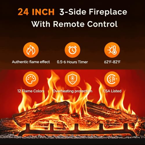 24-Inch Electric Fireplace Insert, 3-Sided Recessed & Wall Mount Heater with Remote