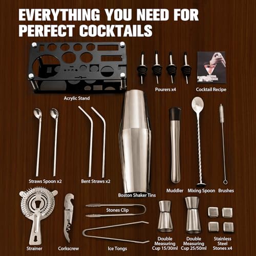 KINGROW Silver Cocktail Shaker Set 23-Piece Bartender Kit with Stand, Professional Bar Tools