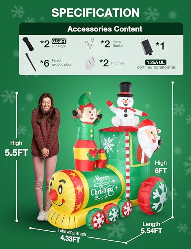 NIORSUN 6FT Inflatable Christmas Train with LED Lights, Santa, Elf & Snowman Yard Decor
