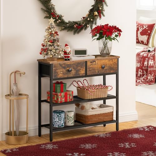 Narrow Console Table with 2 Fabric Drawers & 3-Tier Shelves - Rustic Brown