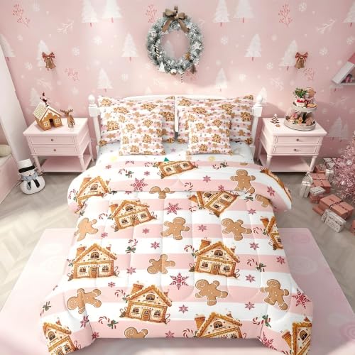 Feelyou Pink Gingerbread Man Comforter Set with Sheets 7-Piece Full kids bedding beige/pink