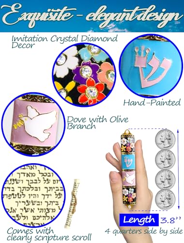 Enamel Mezuzah Case with Scroll - Dove and Olive Branch Design, 3.8 Inch